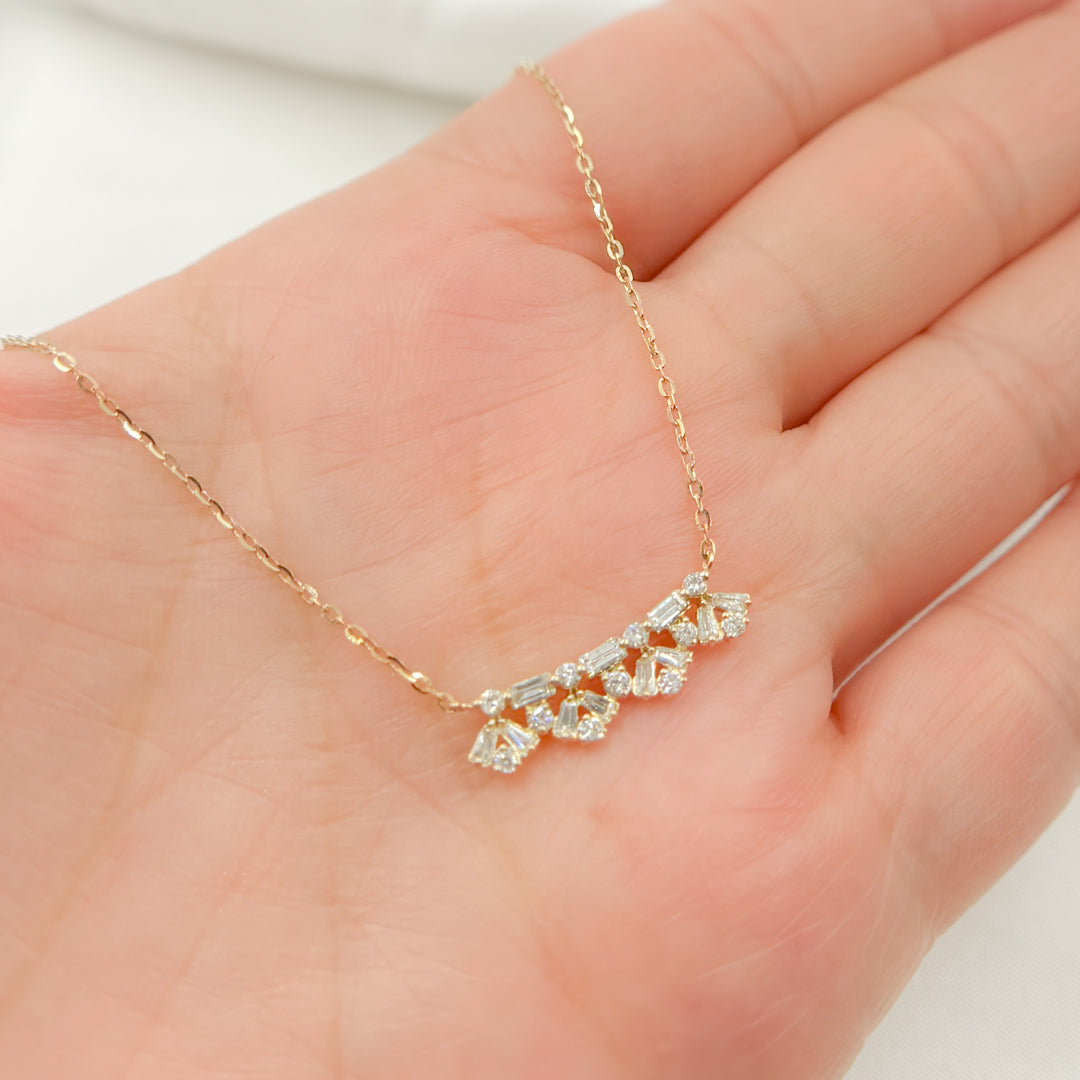 14K Solid Gold Diamond Cluster Baguette Necklace. NT401724