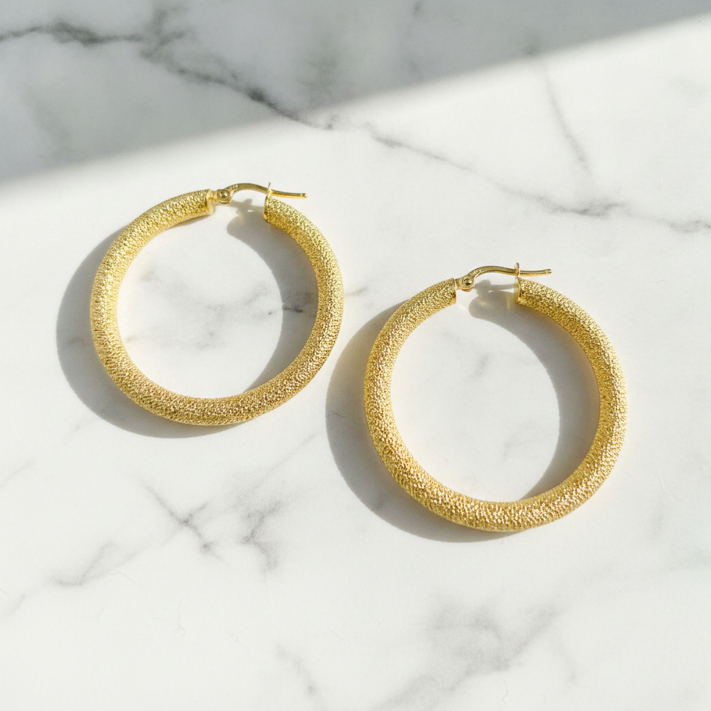 GER52. 14K Solid Gold Textured Hollow Hoop Earrings – Classic Round Hoops