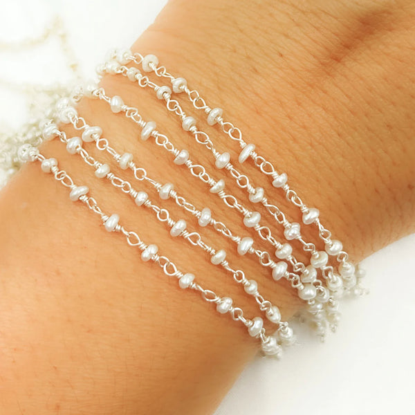 White Freshwater Pearl 925 Sterling Silver Wire Chain