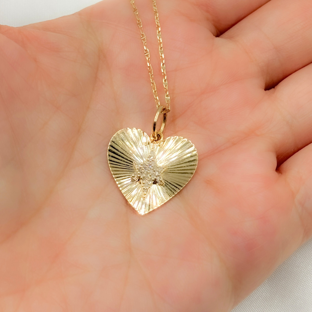14K Solid Gold Heart Charm with Diamond Star in the Center. KG295