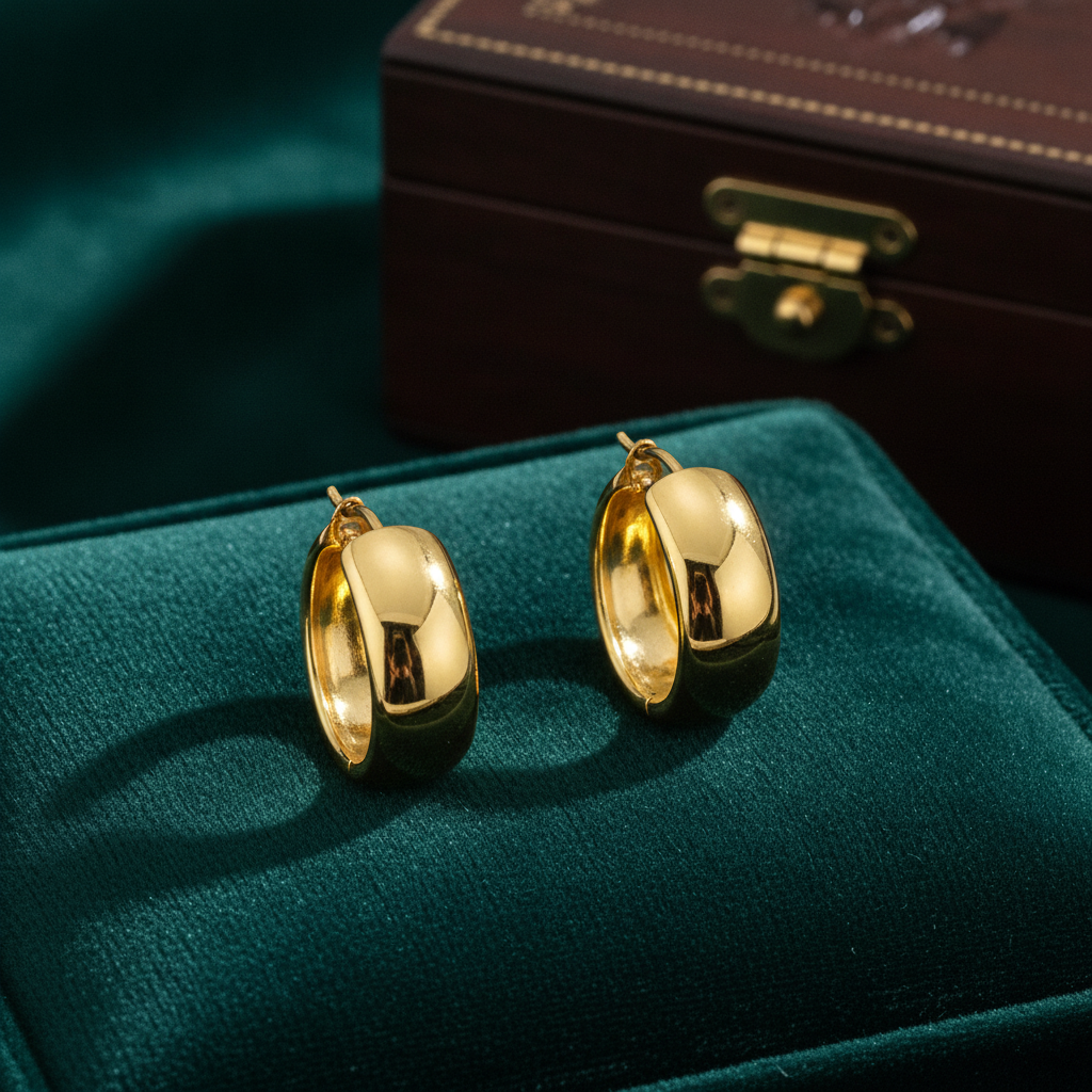 GER94. 14K Gold Smooth Hollow Hoop Earrings