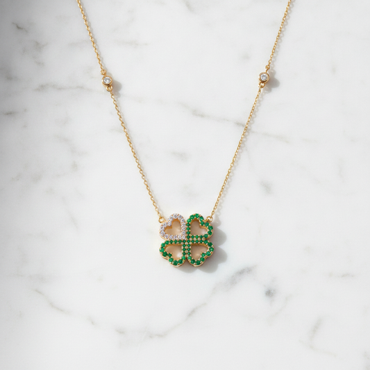 NFD72910EM. 14K Solid Gold 4 Heart Clover Diamond and Emerald Necklace