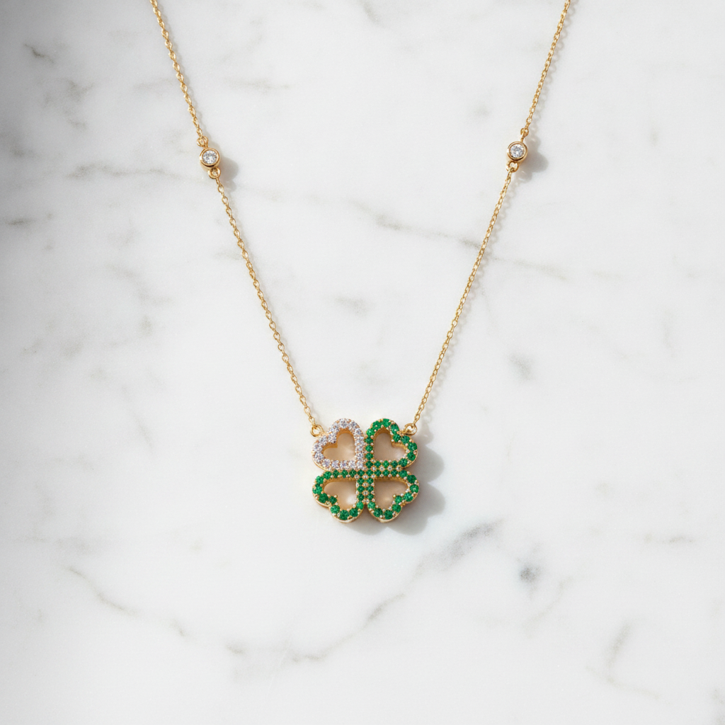 NFD72910EM. 14K Solid Gold 4 Heart Clover Diamond and Emerald Necklace