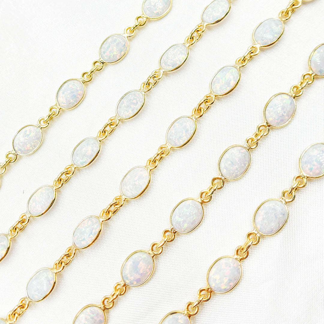 CWO15. White Opal Oval Shape Bezel Gold Plated Wire Chain