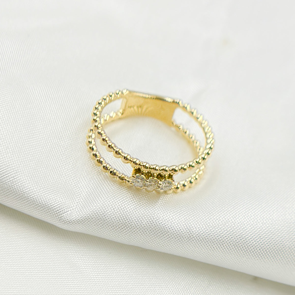 14K Solid Yellow Gold Diamond Double Line Ring.