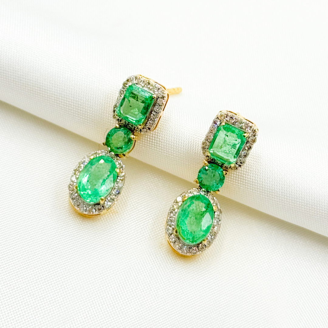 GDT502EM. 14k Solid Gold Diamond and Emerald Dangle Stud Earrings