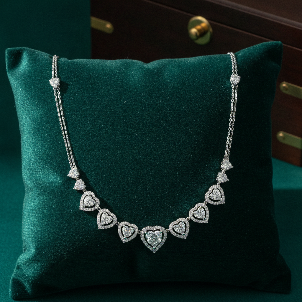 NK113052. 14K Solid White Gold Diamond Hearts Necklace