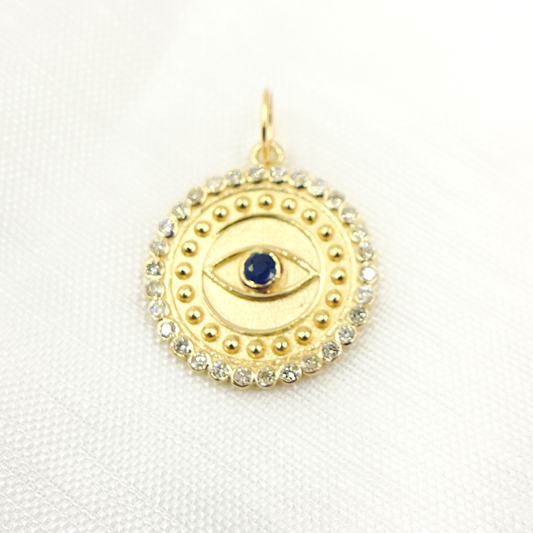 14K Solid Gold Diamond Evil Eye Circle Charm. GDP436