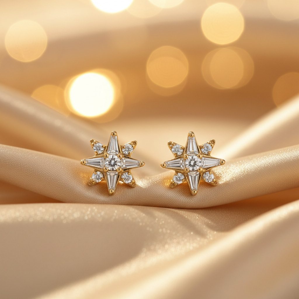 EFC54266. 14K Solid Gold Diamond Star Studs