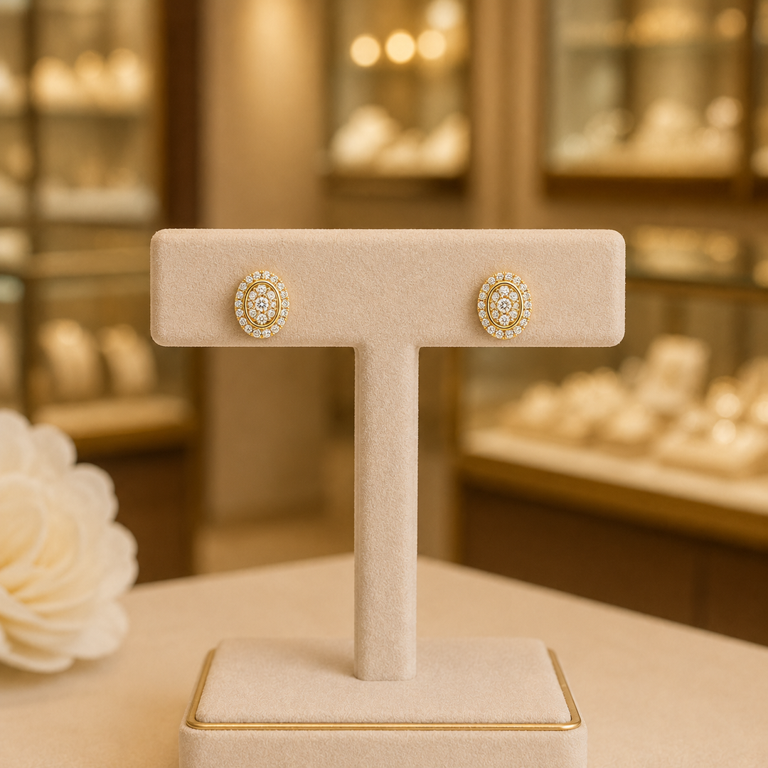 EFH52014. 14K Solid Gold and Diamonds Oval Earrings