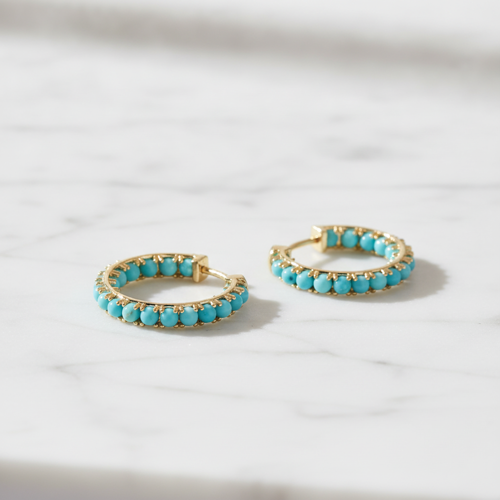 EHZ57733TQ. 14K Solid Gold Turquoise Hoops