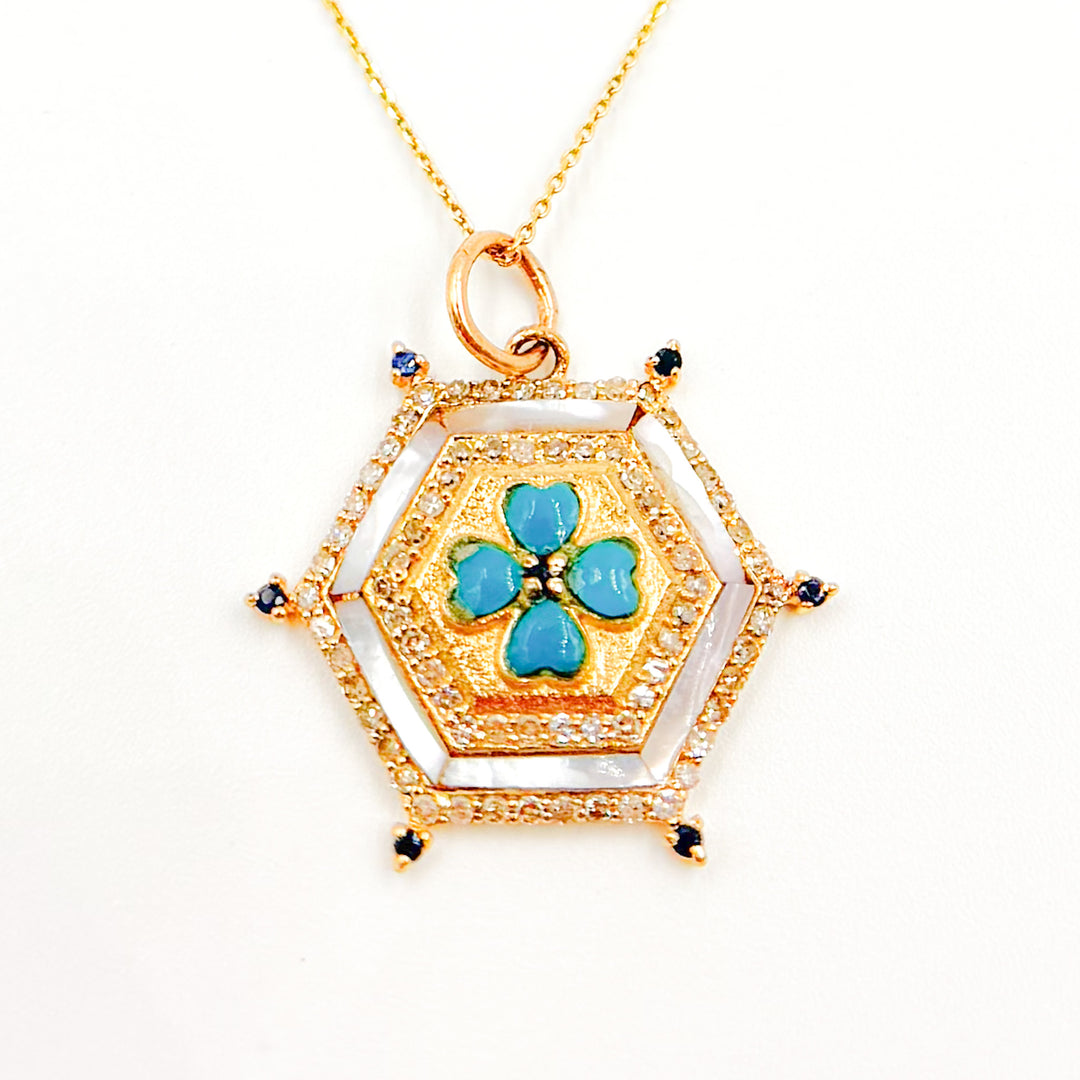 14K Solid Gold Hexagon Clover Pendant