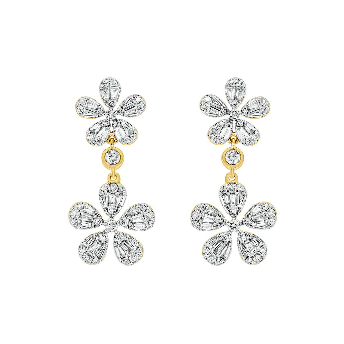 EFM52681. 14K Solid Gold Diamond Baguette Flower Dangle Earrings
