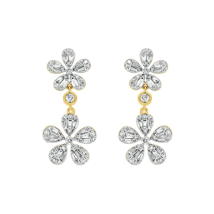 EFM52681. 14K Solid Gold Diamond Baguette Flower Dangle Earrings
