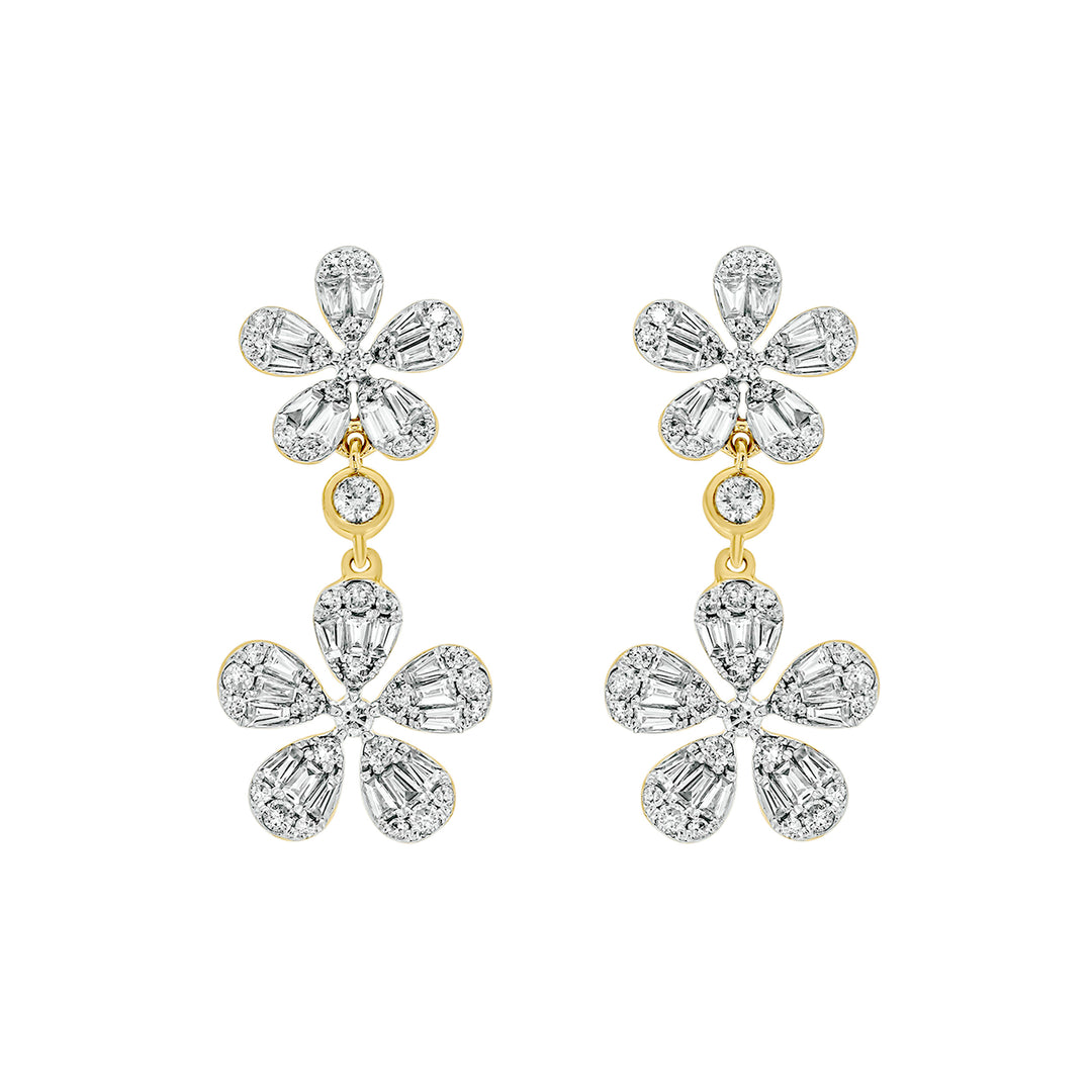 EFM52681. 14K Solid Gold Diamond Baguette Flower Dangle Earrings