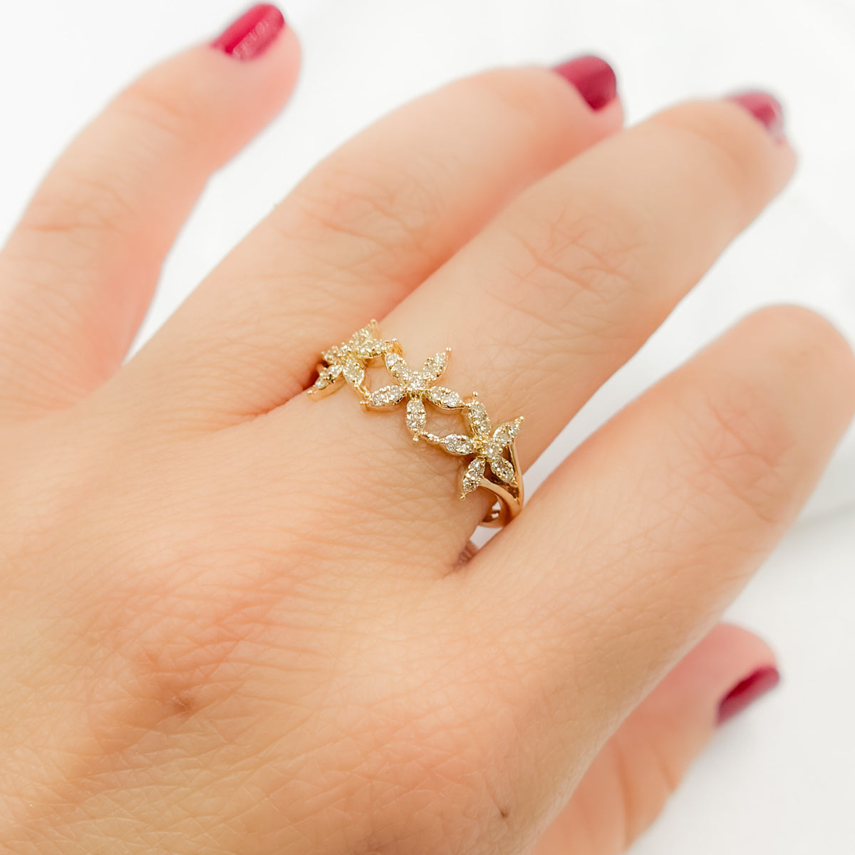 14K Solid Yellow Gold Diamond Flower Ring.