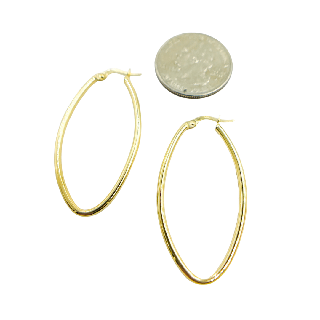 GER53. 14K Solid Gold Oval Shape Hollow Hoop Earrings