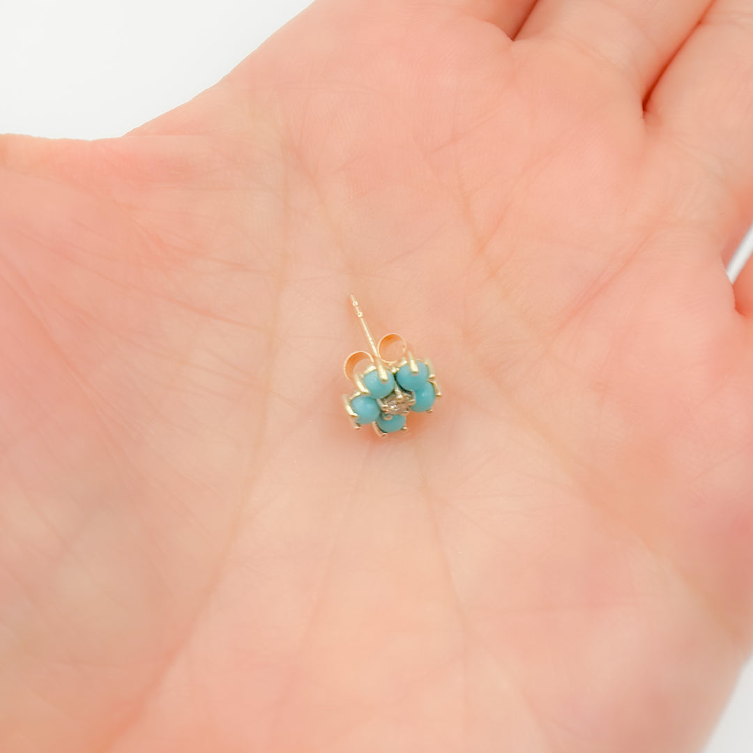 14K Solid Yellow Gold Diamond and Turquoise Flower Stud Earrings