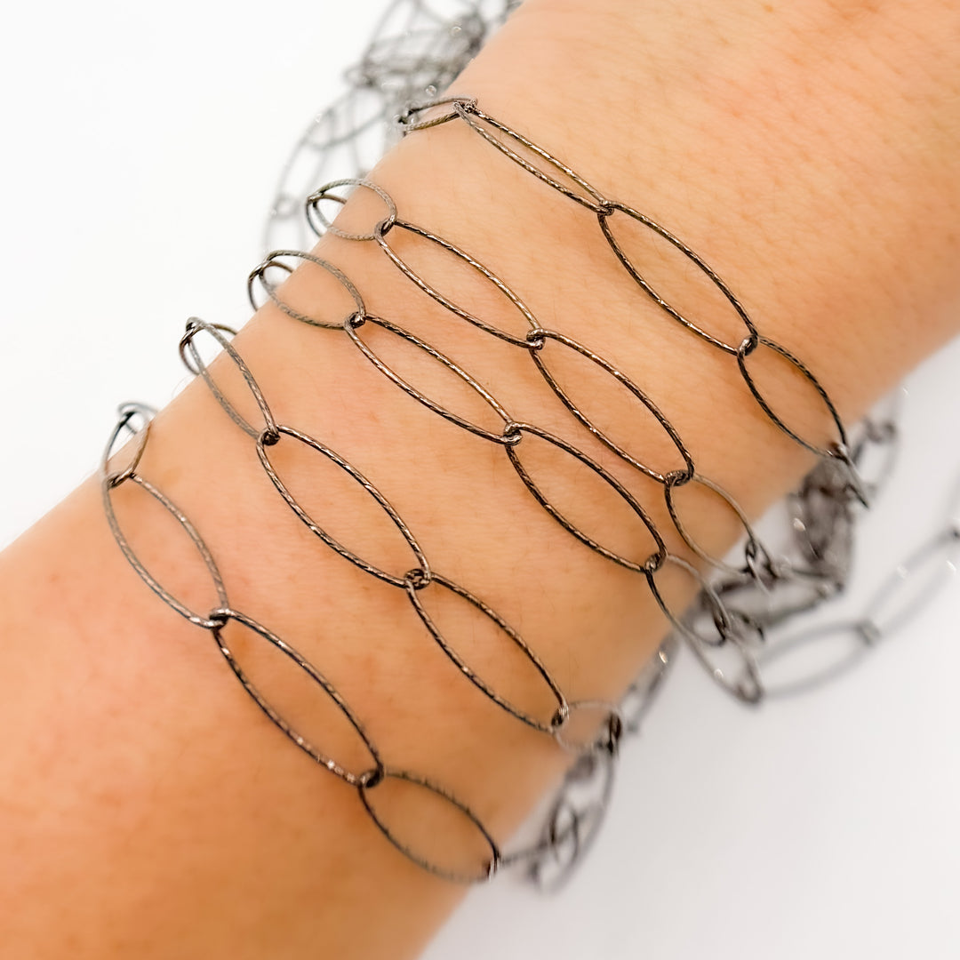 Y48OX. Oxidized Sterling Silver Diamond Cut Oval Link Chain