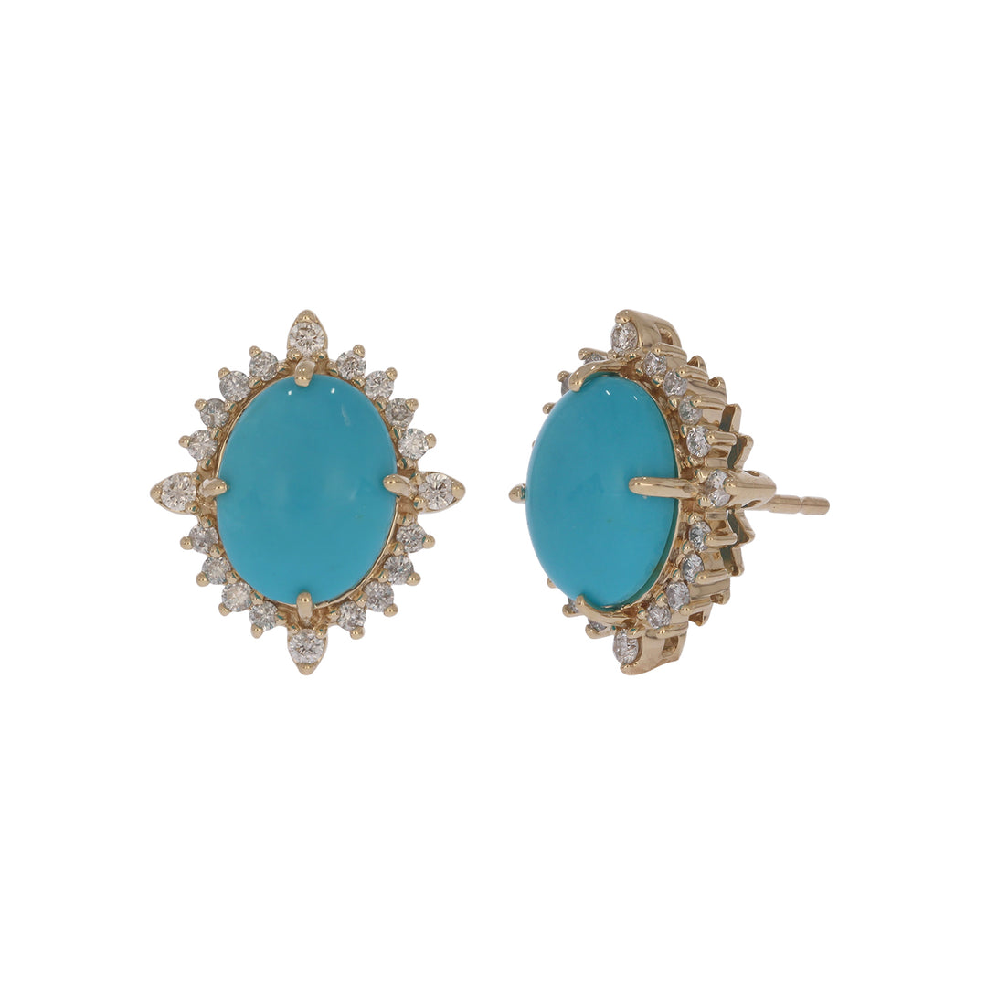 CE97428TQ9X7. 14k Solid Gold Diamond and Turquoise Oval Stud Earrings