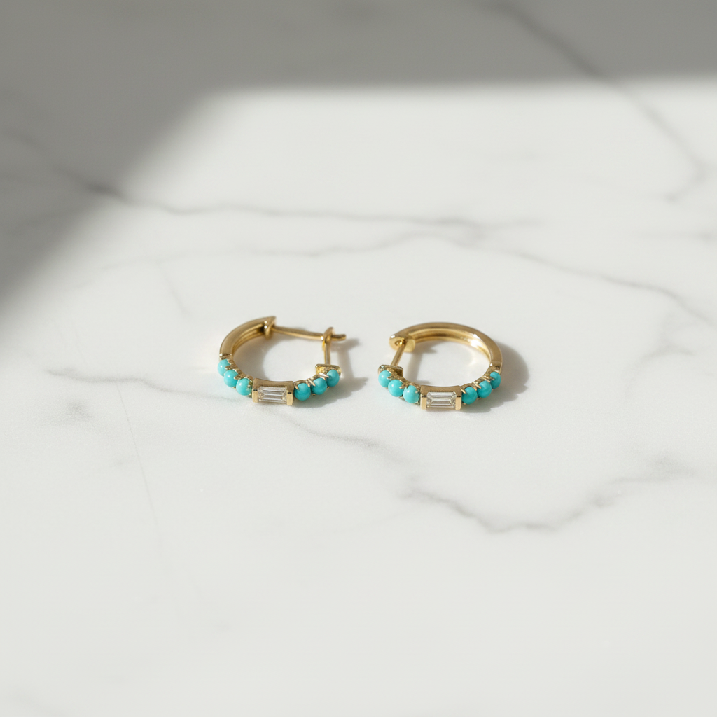 EHE57441. 14K Solid Gold Diamonds and Gemstone Hoops