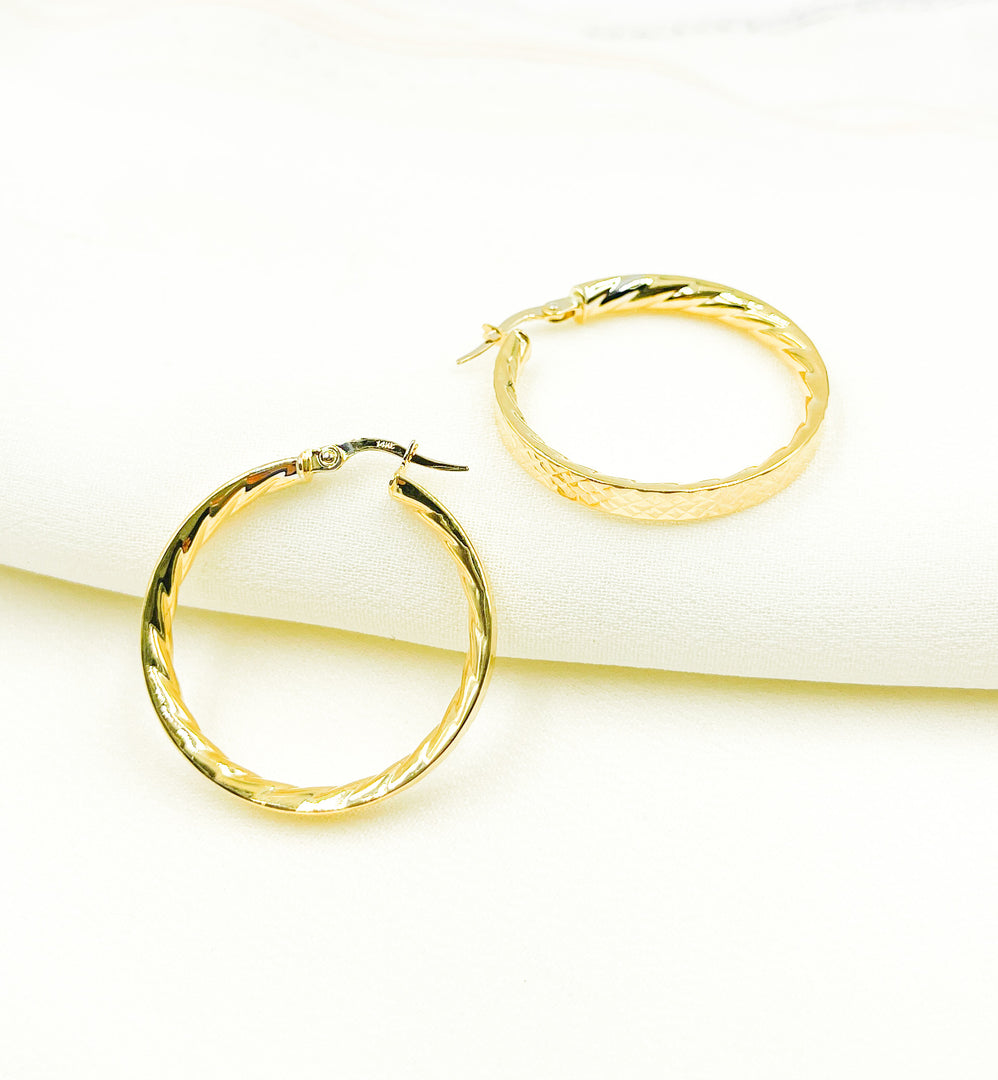 GER2. 14K Solid Gold Textured Hollow Hoops Earrings