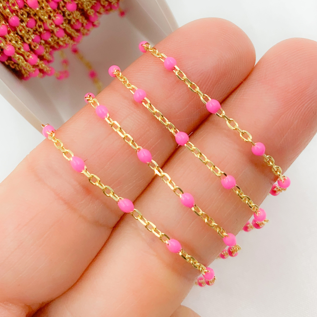 V203PKGP. Gold Plated Sterling Silver Enamel Pink Color Cable Chain