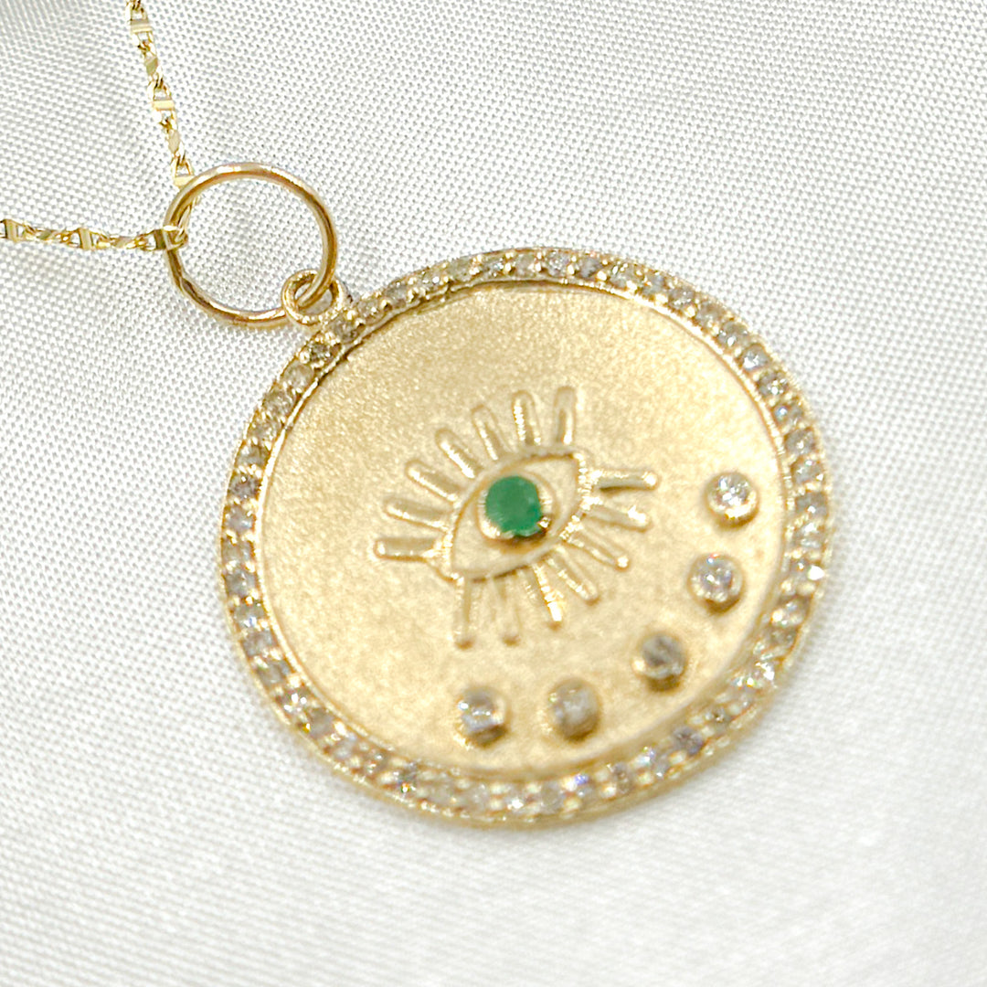 14K Solid Gold with Diamonds Circle Shape with Eye Charm. GDP106