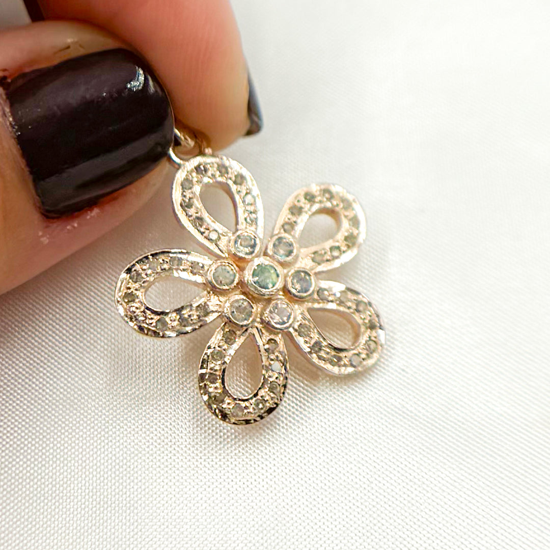 DP513. Diamond Sterling Silver Flower Pendant with Gemstone