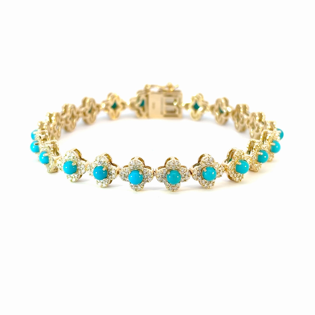 BR402766. 14K Solid Gold Diamond and Turquoise Flower Bracelet