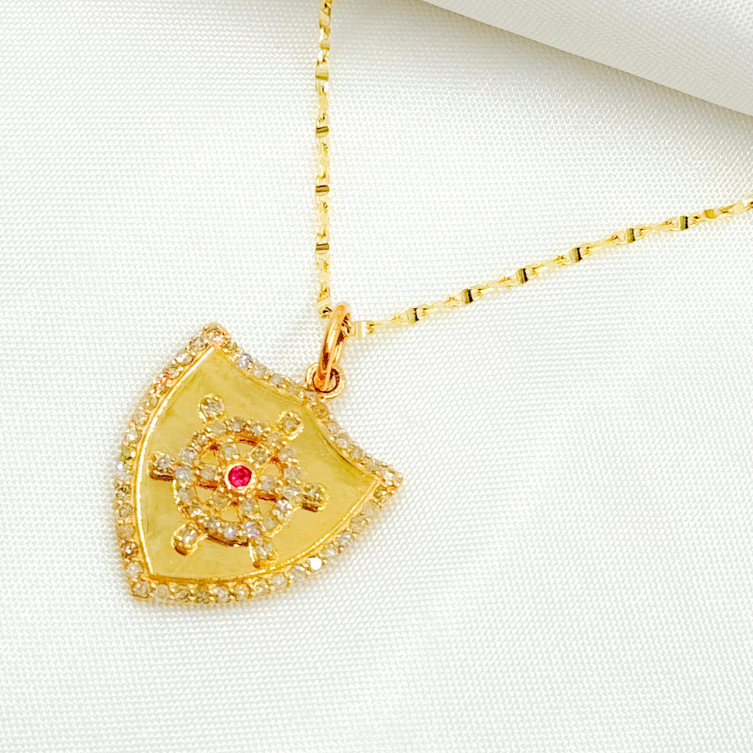 14K Solid Gold Diamond Shield Charm and Wheel in the Center with Gemstones. KG239