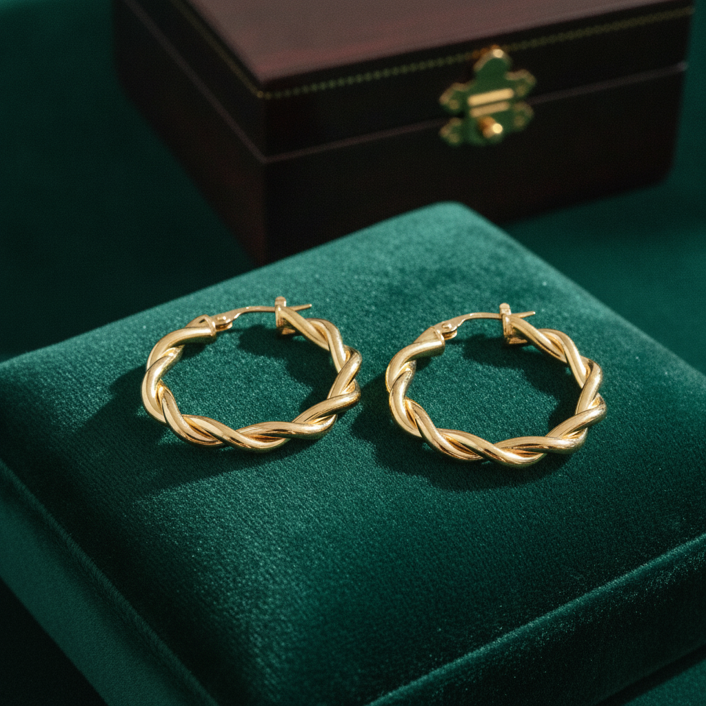 15850003133. 14K Solid Gold Twist Double Round Hollow Hoop Earrings