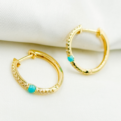 EHC56665TQ. 14k Solid Gold Diamond and Turquoise Hoops