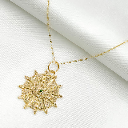 GDP655. 14K Solid Gold Diamond and Gemstone Circle Charm with Arrows and Evil Eye in the Center