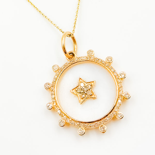 14K Solid Gold Mother of Pearl, Diamonds Star Pendant