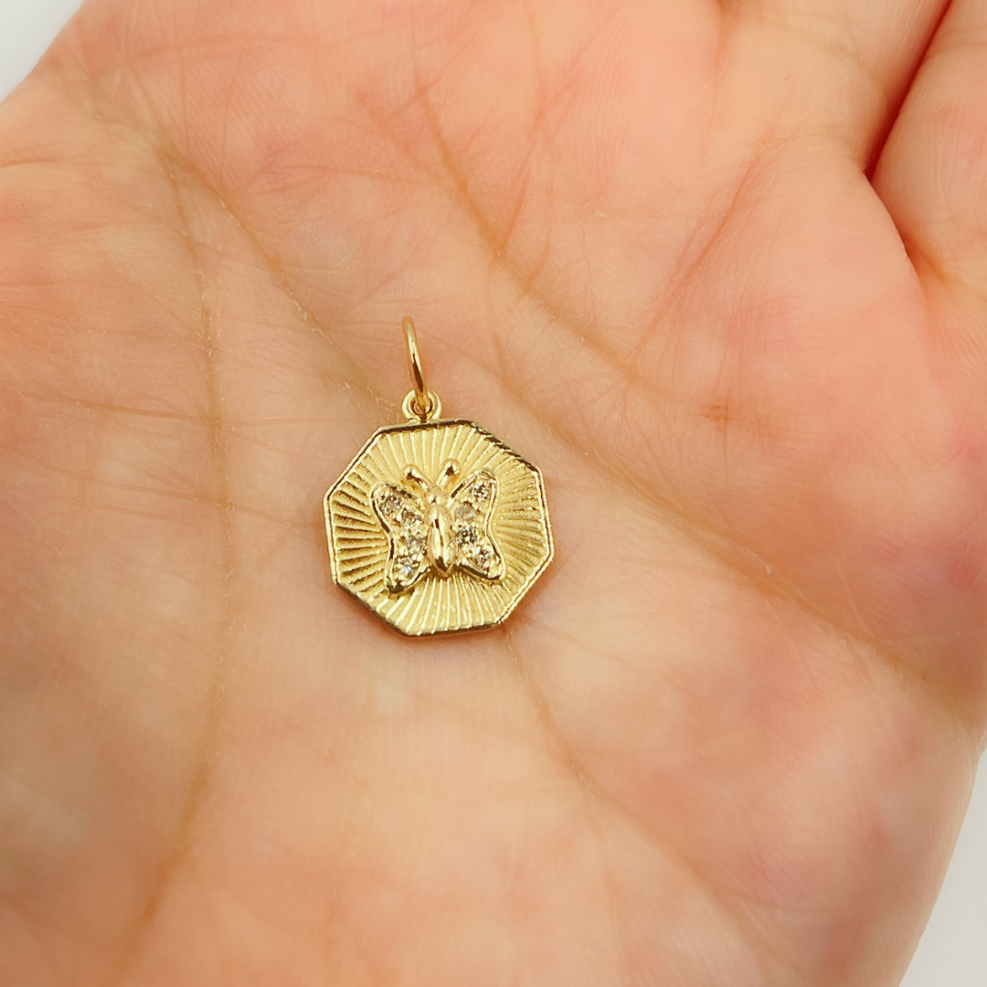 14K Solid Gold Charm. Hexagon Pendant with Diamonds. GDP357