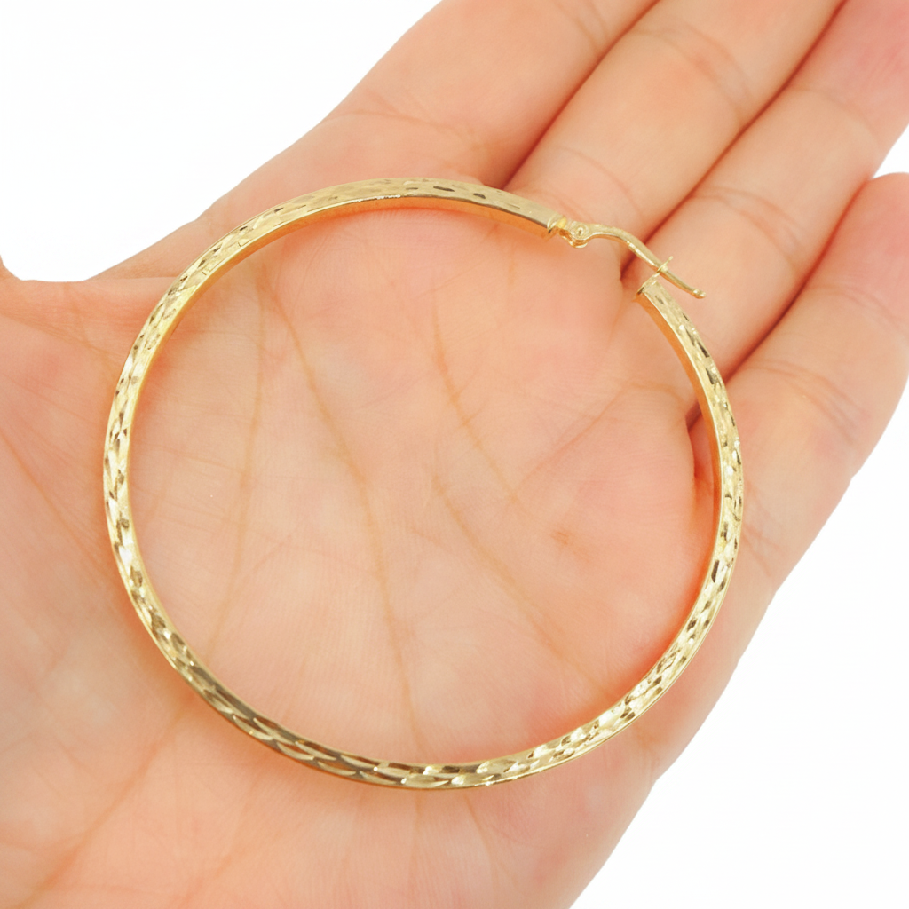 GER157. 14K Solid Gold Hollow Flat Diamond Cut Hoop