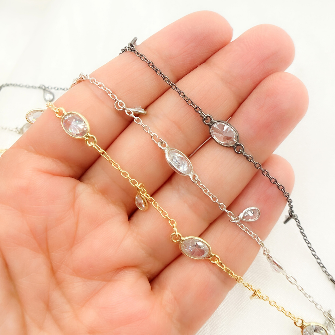 CZ34. Tear Drop Shape Dangle & Oval Connector Cubic Zirconia Chain