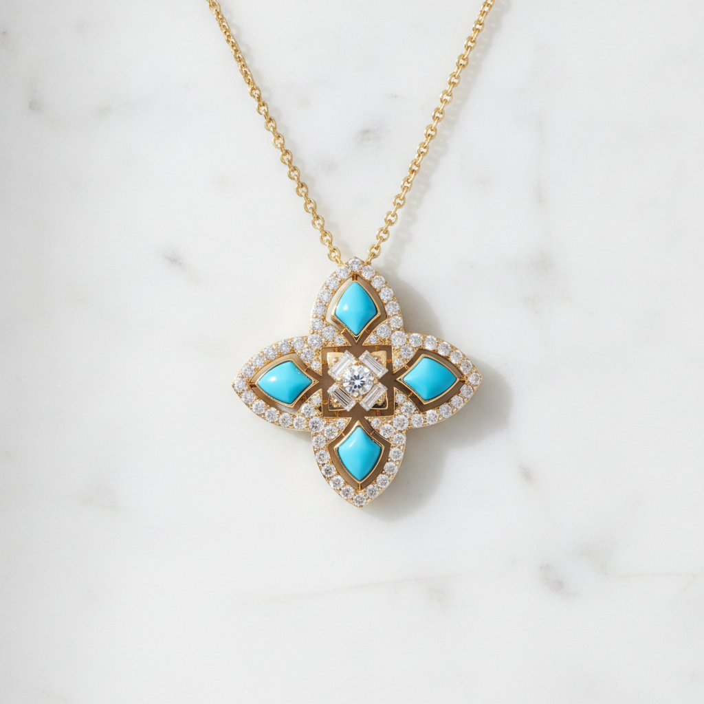 DPE00986TQ. 14K Solid Gold Diamond and Turquoise Flower Pendant