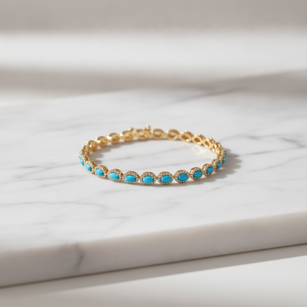 CB97404TQ6X4. 14K Solid Gold Diamond and Turquoise Oval Bracelet