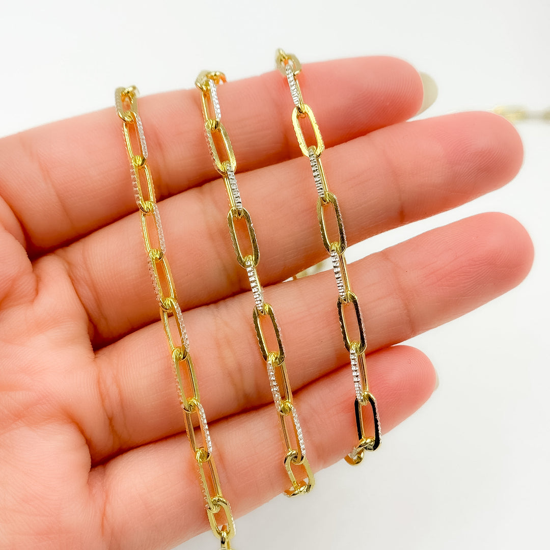 Z113GS. Two Tone Sterling Silver and Gold Plated Paperclip Textured Chain