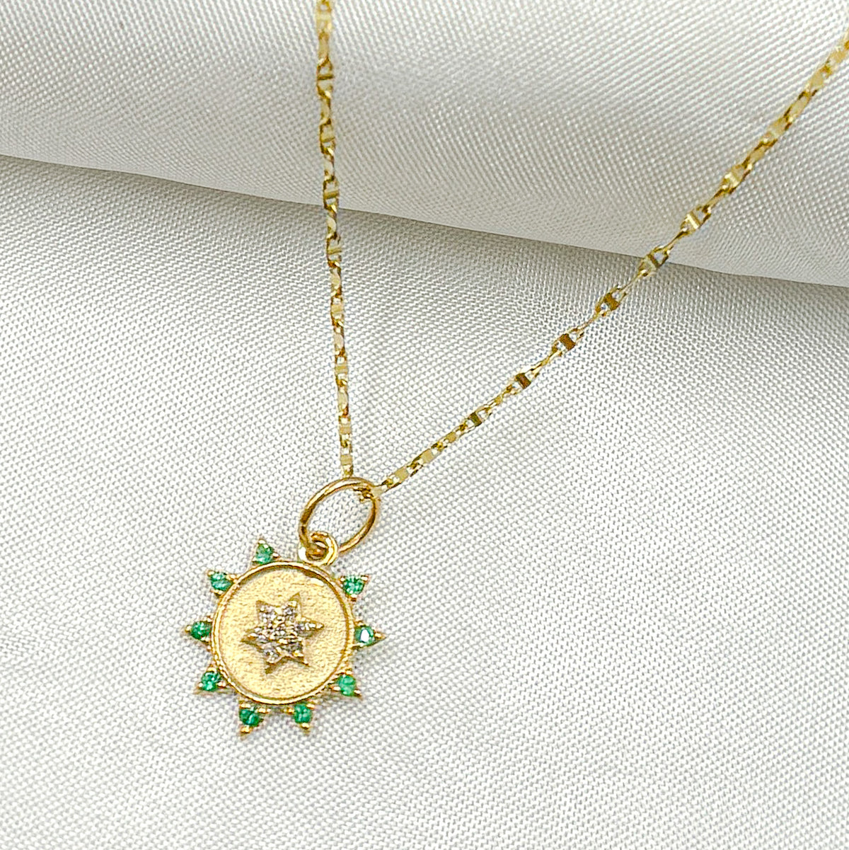 GDP442. 14K Solid Gold Diamond Circle Charm with Star