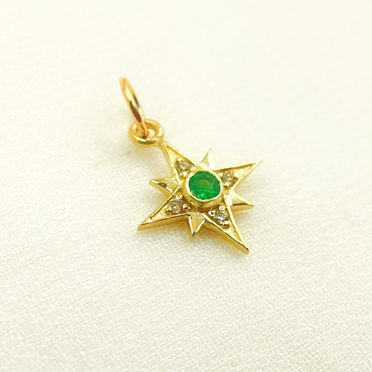 GDP274. 14K Solid Gold Diamond & Emerald Star Charm