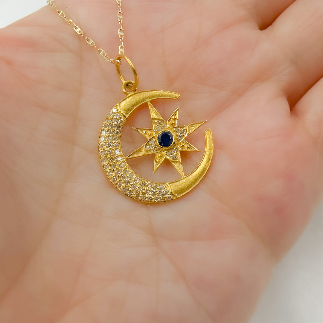 14k Solid Gold Moon and Star Diamond and Blue Sapphire Charm. GDP304