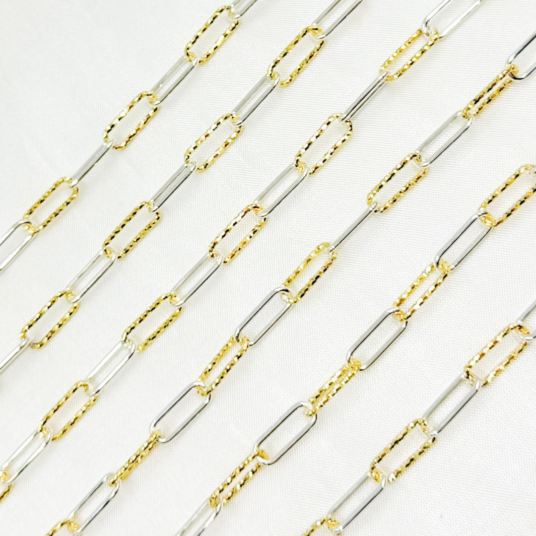 V32GS. Gold Plated 925 Sterling Silver Paperclip Smooth and Diamond Cut Link Chain