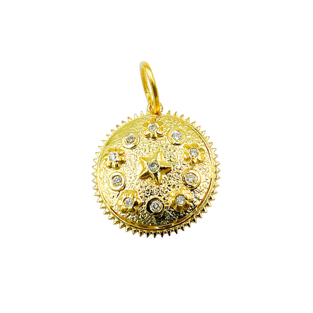 14K Solid Gold Diamond Circle Charm with Stars & Flowers. KG35