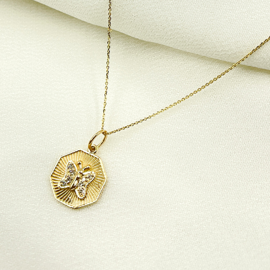 14K Solid Gold Charm. Hexagon Pendant with Diamonds. GDP357