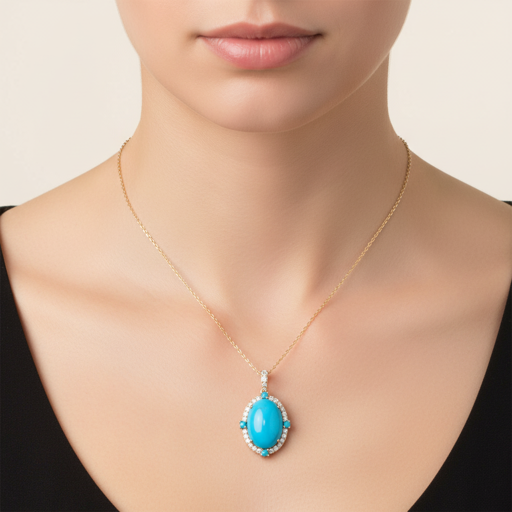 CP97321TQ14X10. 18K Solid Gold Diamond & Turquoise Pendant