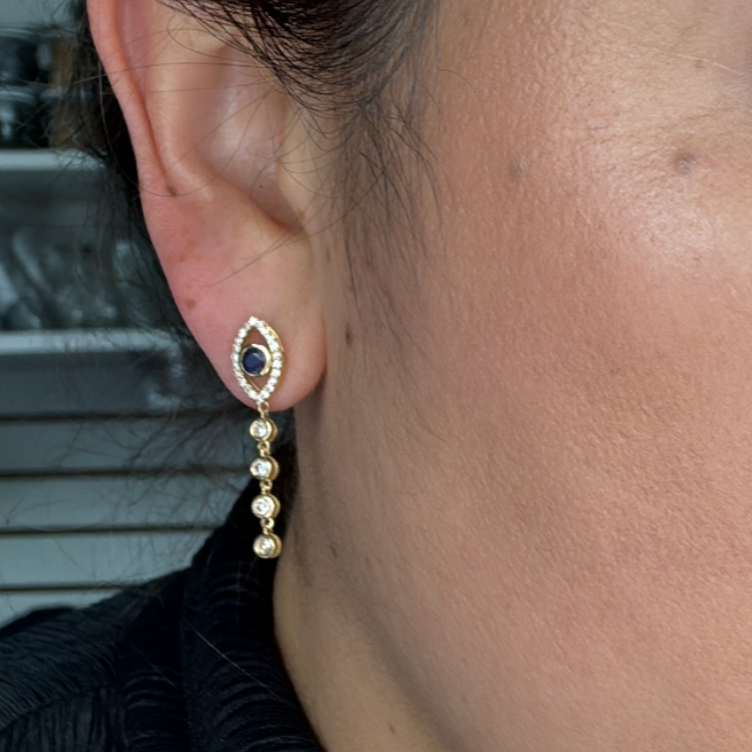 14K Solid Gold Diamond and Blue Sapphire Dangle Eye Earrings.  EFH52337BS