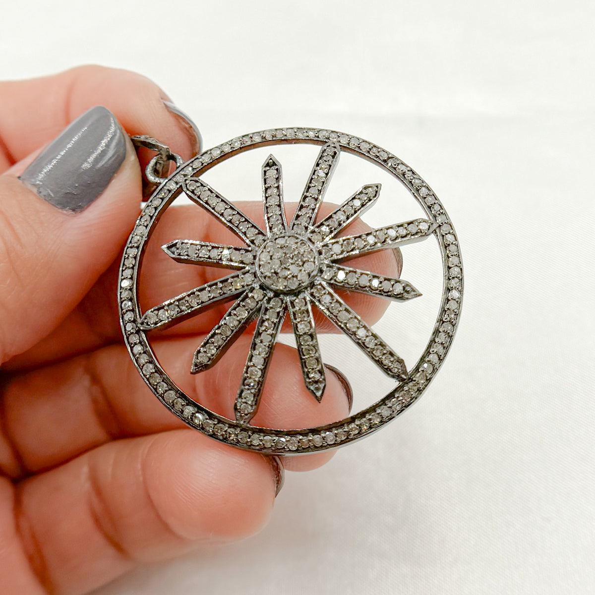 DP180. Diamond & Sterling Silver Round Flower Pendant